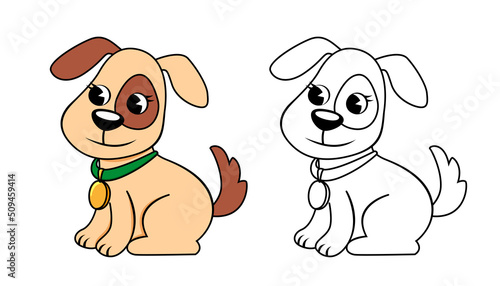 Cute cartoon little dog. Puppy. Color and black white vector illustration for coloring book