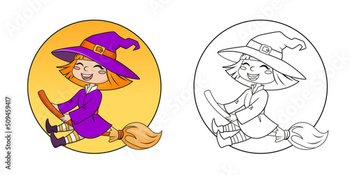 Halloween witch flying on broom on moon background. Color and black white vector illustration for coloring book