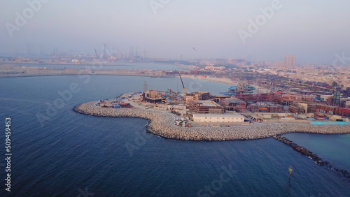 Aerial view of Dubai seaport United Arab Emirates . Top view of the construction of a water port in Dubai photo