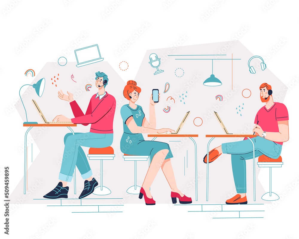 Online support operators or call center employees, flat cartoon vector illustration isolated on white background. Telemarketers or online consultants at work talking to clients.