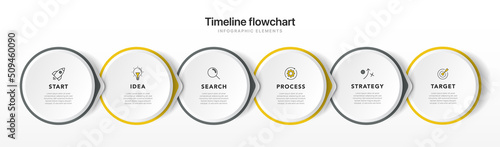 Timeline infographic design with 6 options or steps. Infographics for business concept. Can be used for presentations workflow layout, banner, process, diagram, flow chart, info graph, annual report.