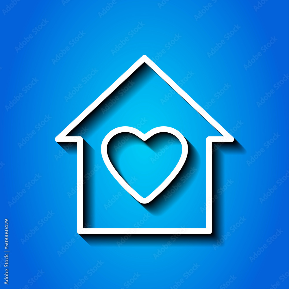 Heart, house vector simple icon. Flat design. White icon with shadow on blue background.ai
