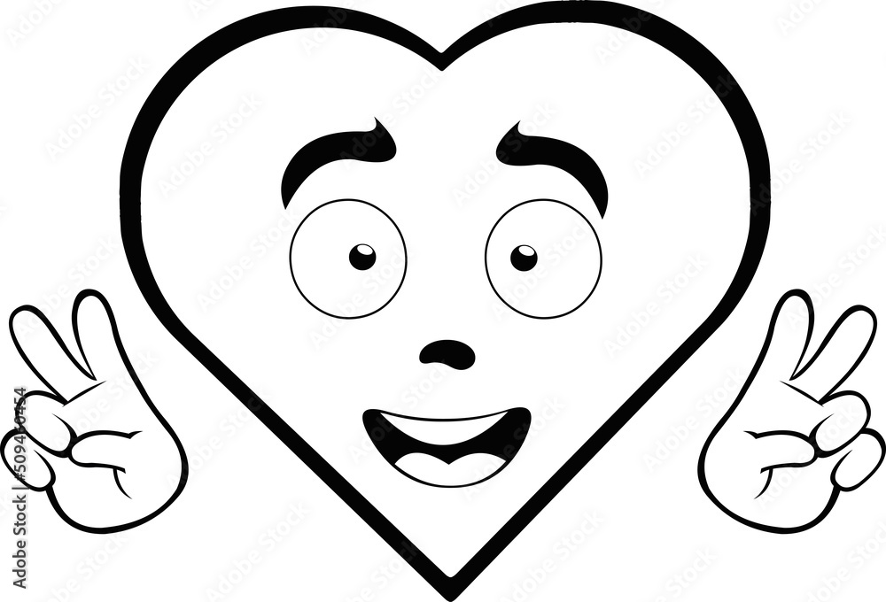 Vector illustration of a cartoon character of a heart, making the classic gesture of love and peace or v victory. Drawn in black and white Vector illustration of a cartoon character of a heart, making the classic gesture of love and peace or v victory. Drawn in black and white