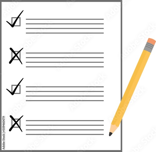 Vector illustration of a pencil marking check marks or crosses, on a sheet with checkbox options
