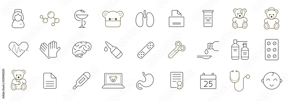 Outline icons set. Pediatric hospital clinic and medical care. Vector. - obrazy, fototapety, plakaty 