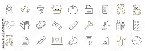 Outline icons set. Pediatric hospital clinic and medical care. Vector. photo
