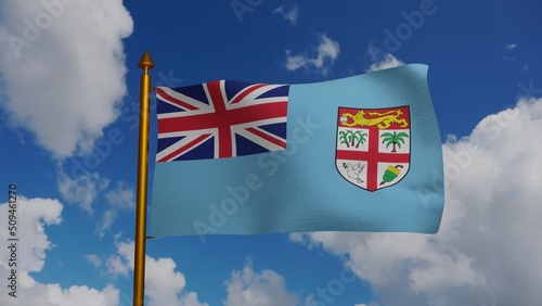 National flag of Fiji waving 3D Render with flagpole and blue sky, Republic of Fiji flag textile designed Tessa Mackenzie, coat of arms Fiji independence day. High quality 3d illustration photo