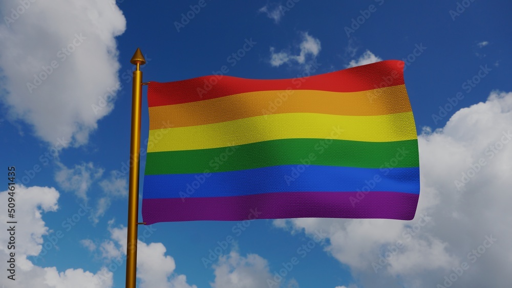 Rainbow flag LGBT waving 3D Render with flagpole and blue sky, gay pride or LGBT pride flag textile, Gayborhood Philly Pride Flag, Lesbian and gay rights. High quality 3d illustration Rainbow flag LGBT waving 3D Render with flagpole and blue sky, gay pride or LGBT pride flag textile, Gayborhood Philly Pride Flag, Lesbian and gay rights. High quality 3d illustration