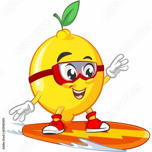 cute lemon fruit mascot character illustration logo icon vector surfing