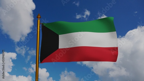 National flag of Kuwait waving 3D Render with flagpole and blue sky, Alam Baladii Derti used Pan-Arab colours, State of Kuwait flag textile. High quality 3d illustration photo