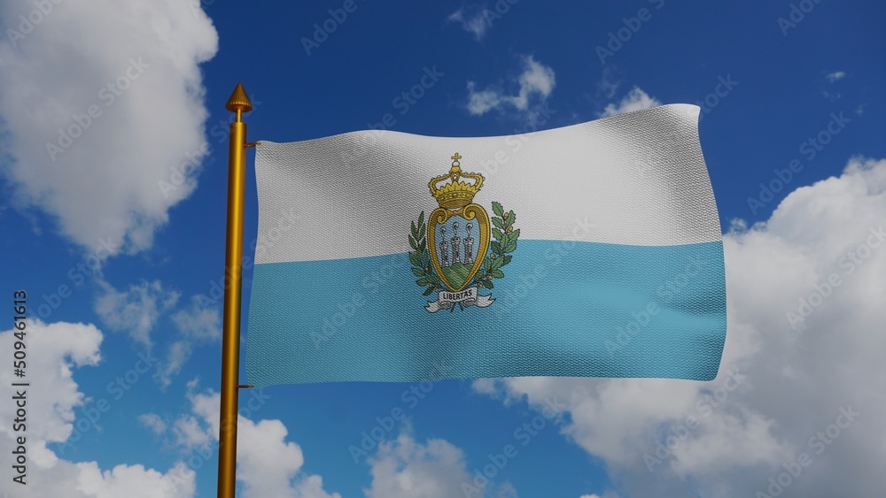 Obraz na płótnie National flag of San Marino waving 3D Render with flagpole and blue sky, Republic of San Marino flag textile or Repubblica di San Marino, coat of arms San Marino independence day. 3d illustration w salonie