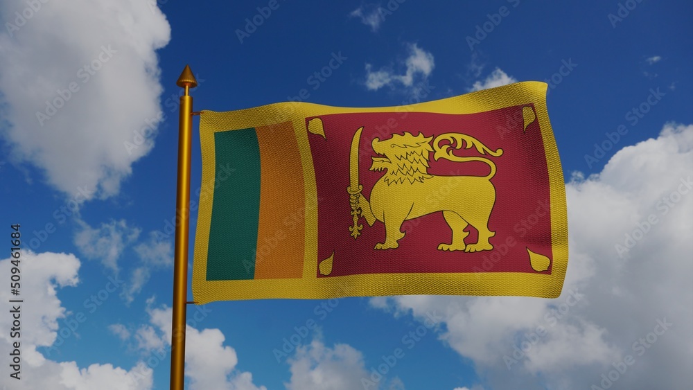 National flag of Sri Lanka waving Render with flagpole and blue sky