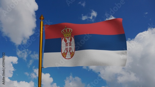 National flag of Serbia waving 3D Render with flagpole and blue sky, Republic of Serbia flag textile, Zastava Srbije or trobojka, coat of arms Serbia independence day, Habsburg. 3d illustration photo