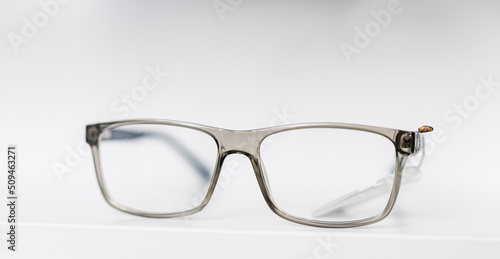 Eyesigth modern object close up view. Fashionable optical eyeglasses macro.
