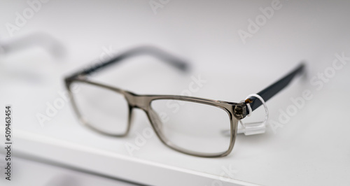 Fashionable elegance object. Stylish modern eyeglasses close up view.