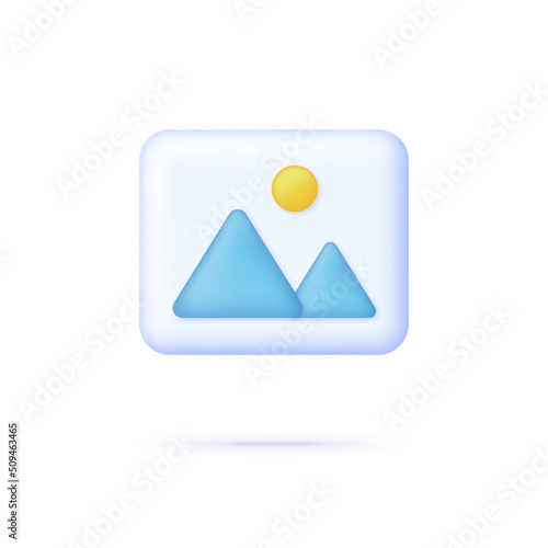 3D Image icon isolated on white background. Picture, jpg file, photo icon. Mountains and sun. Can be used for many purposes.