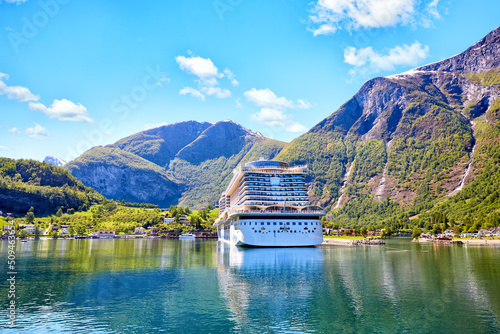 Cruise ship in famous Flam, Aurlandsfjord, part of Sognefjord, Norway photo