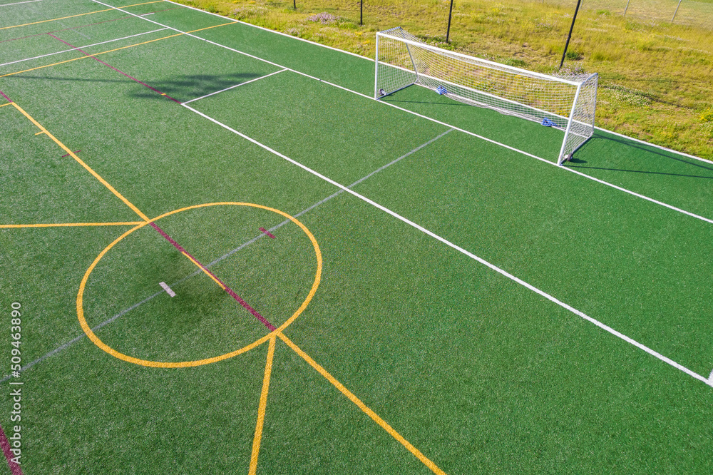 Fototapeta premium Soccer net goal line from an elevated view