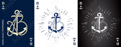 Set of three Vintage Label with an Anchor and Letter made of Ship Rope. Apparel t-shirt or Poster Design. Logotype Monogram with Playing Cards Style. Vector illustration.