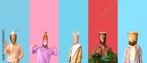 Many people with different drinks instead of their heads on colorful background photo