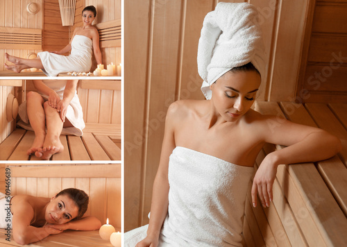Young woman relaxing in sauna