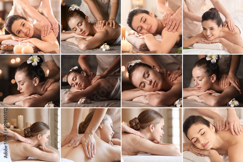 Collage with beautiful young women getting massage in spa salon