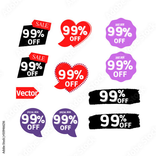 99% off Sale and discount tag, sticker or origami label set.percent price off badges. Promotion, ad banner, promo coupon design elements. Vector illustration