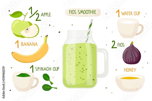 Healthy nutrition. Fig smoothie recipe. Glass bottle with green smoothie and ingredients with inscriptions. Flat cartoon vector illustration For cafe menu, store, banner, recipe. Organic shake recipe.