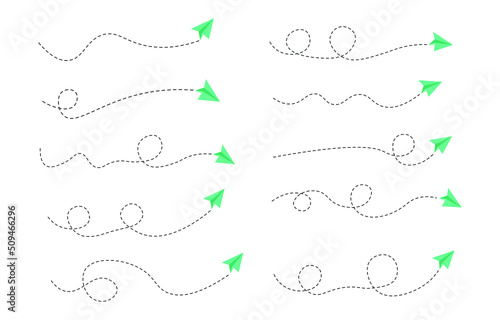 Set of dashed line air plane route  flat design