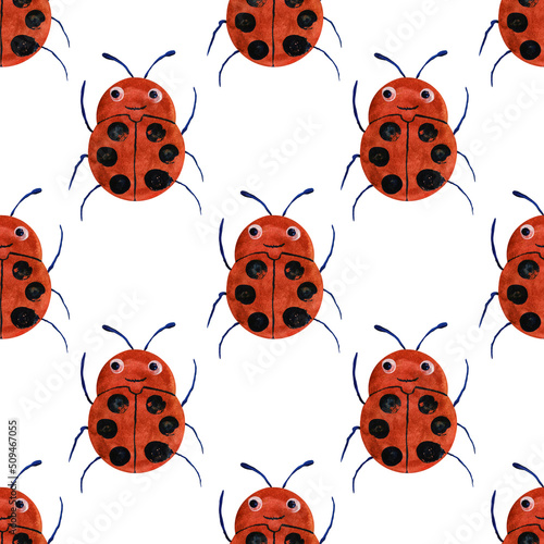 Watercolor seamless pattern with cute joyful happy cartoon ladybugs isolated on white background.