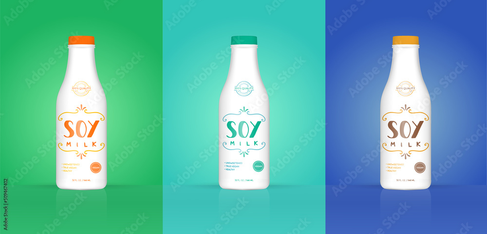 Set of Soy Milk Bottle with Colorful Background. Healthy Organic Product Made of Soy Beans. Vector Illustration. Advertising Template. Print. Set of Soy Milk Bottle with Colorful Background. Healthy Organic Product Made of Soy Beans. Vector Illustration. Advertising Template. Print.