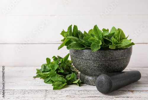 Canvas Print Mortar and pestle with mint leaves on light wooden background