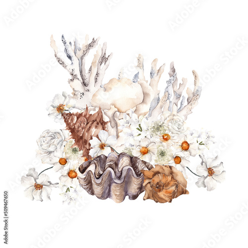 Fototapeta Naklejka Na Ścianę i Meble -  Watercolor sea composition with shell, coral, white flowers and green leaves, isolated on white background