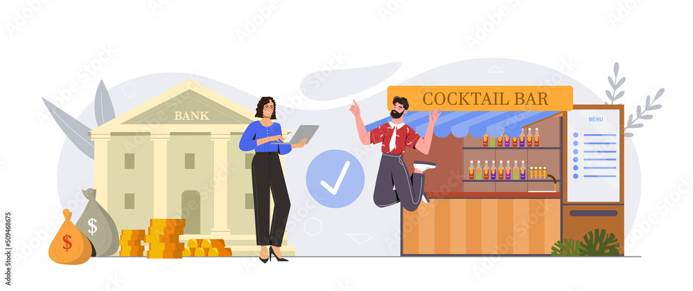 Small business loans. Bank invests money in cocktail bar without interest and collateral. Development of new companies or startups and support for entrepreneurs. Cartoon flat vector illustration