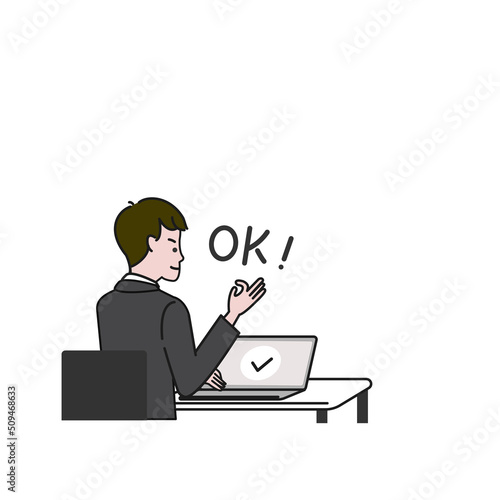 パソコンに向かい座り笑顔でOKサインをするビジネスする人の白バックの線画ベクターイラスト