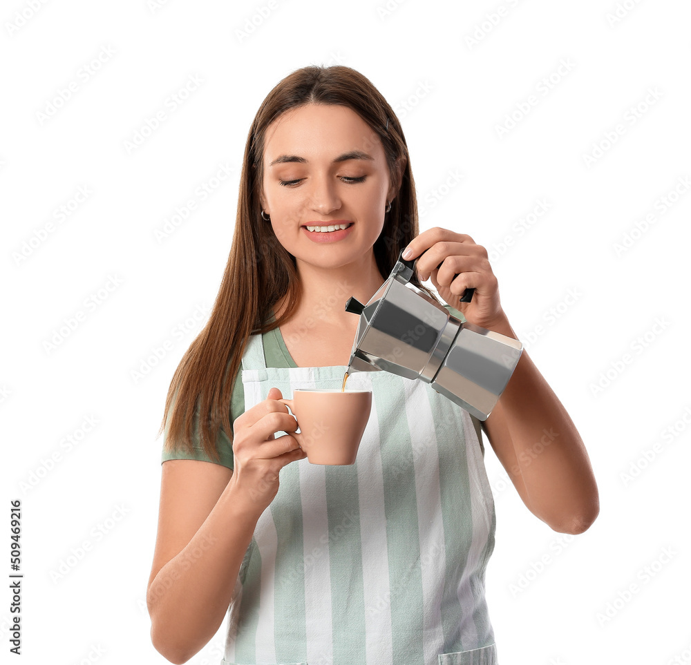 Young woman pouring coffee into cup on white background Young woman pouring coffee into cup on white background