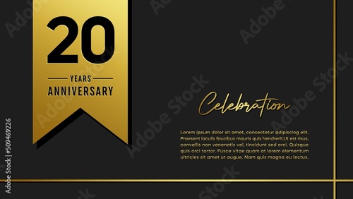 20 years anniversary logo with golden ribbon for booklet, leaflet, magazine, brochure poster, banner, web, invitation or greeting card. Vector illustrations.