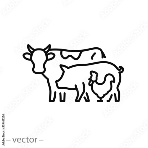 farm animals icon, cow, pig and chicken, group of pets, thin line symbol on white background - editable stroke vector illustration