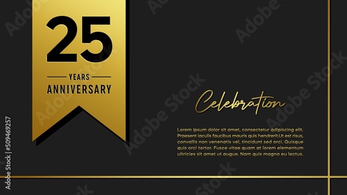 25 years anniversary logo with golden ribbon for booklet, leaflet, magazine, brochure poster, banner, web, invitation or greeting card. Vector illustrations. photo