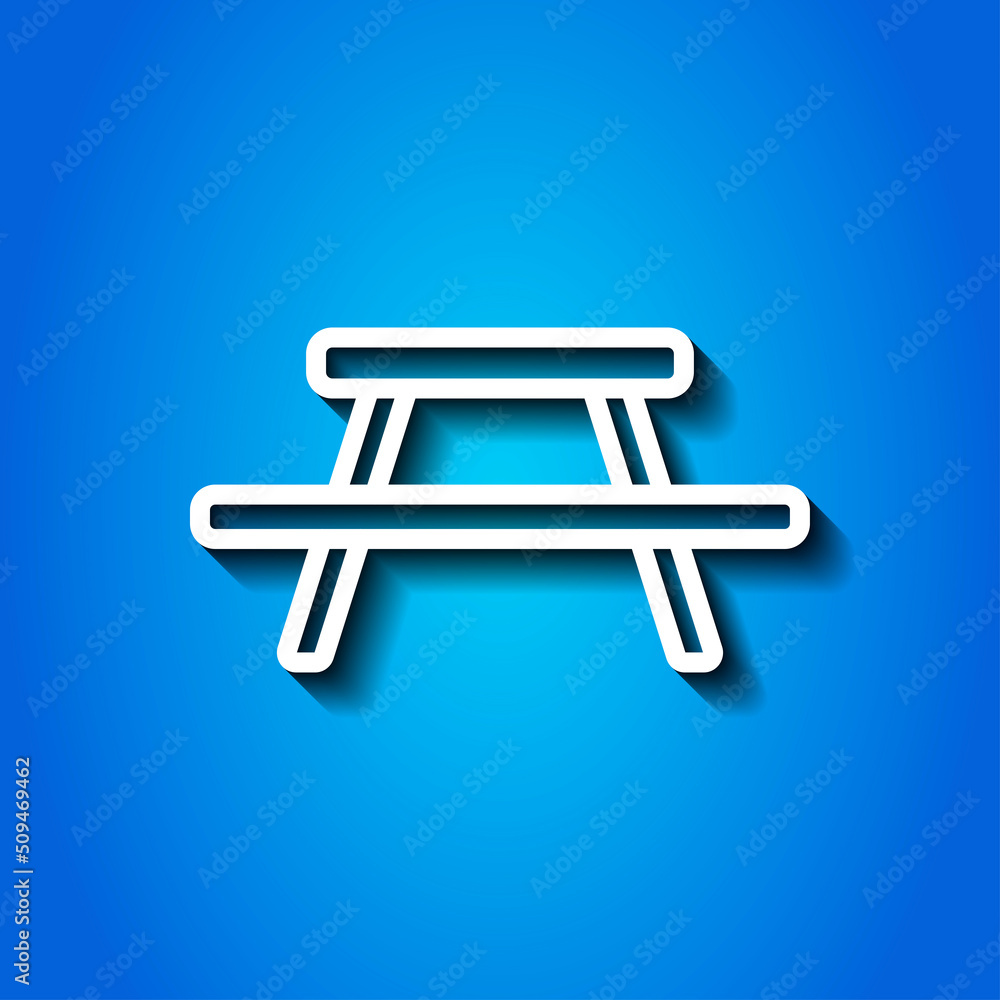 Picnic, camping table simple icon vector. Flat design. White icon with shadow on blue background Picnic, camping table simple icon vector. Flat design. White icon with shadow on blue background