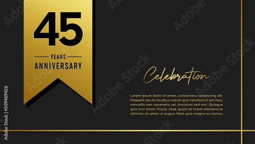 45 years anniversary logo with golden ribbon for booklet, leaflet, magazine, brochure poster, banner, web, invitation or greeting card. Vector illustrations.