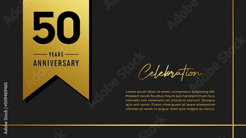 50 years anniversary logo with golden ribbon for booklet, leaflet, magazine, brochure poster, banner, web, invitation or greeting card. Vector illustrations. photo