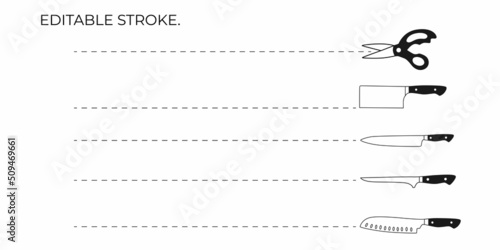 Chef knifes with cutting dotted line set. Editable stroke. Vector stock illustration isolated on white background for design packaging. 
