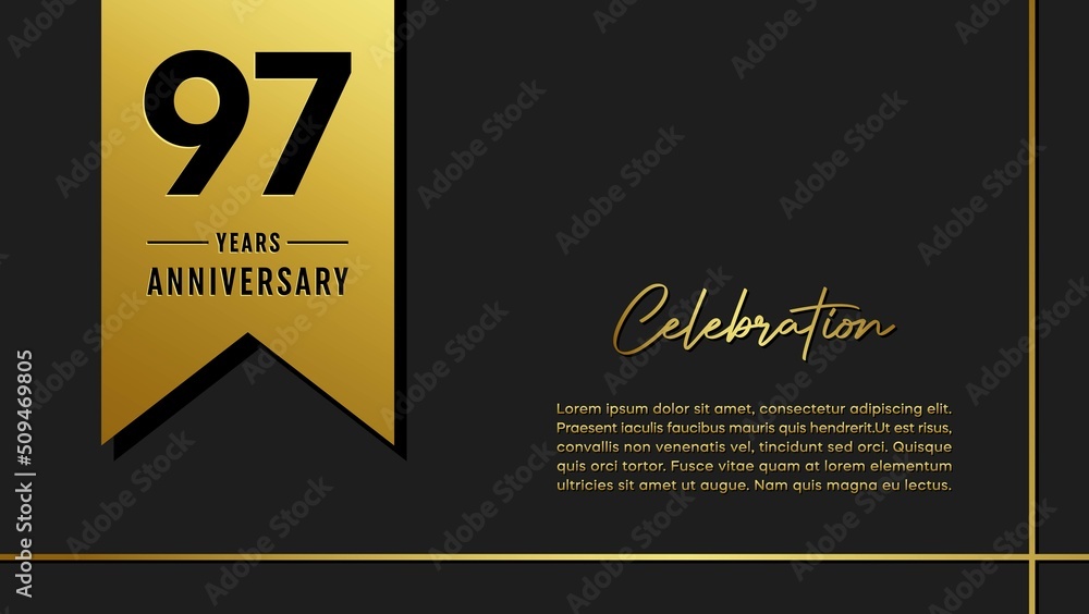 97 years anniversary logo with golden ribbon for booklet, leaflet, magazine, brochure poster, banner, web, invitation or greeting card. Vector illustrations. 97 years anniversary logo with golden ribbon for booklet, leaflet, magazine, brochure poster, banner, web, invitation or greeting card. Vector illustrations.