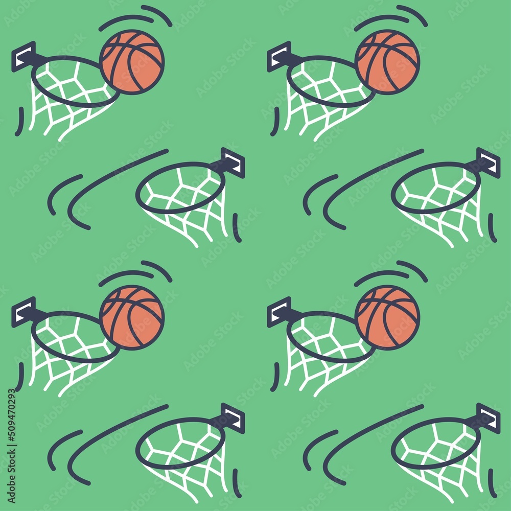 Seamless pattern with basketball game elements. Throwing the ball into a basketball basket. Team game on the green field. Illustration in the style of flat and contour graphics.