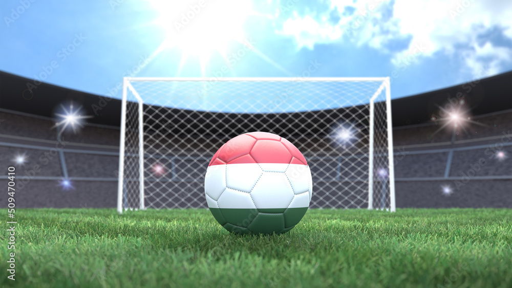 Soccer ball in flag colors on a bright sunny stadium background. Hungary. 3D image