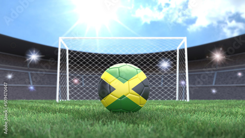 Soccer ball in flag colors on a bright sunny stadium background. Jamaica. 3D image