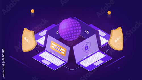 Data security concept. Digital system for protecting personal information from hacker attacks and fraud. Cybersecurity on Internet and privacy policy. Cartoon modern isometric vector illustration