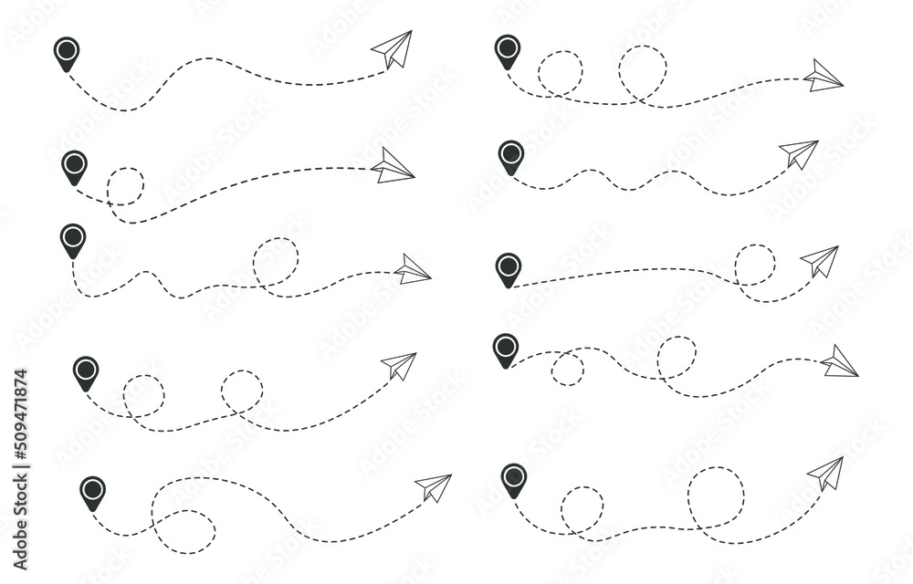 Set of dashed line paper air plane route with location icon , flat design Set of dashed line paper air plane route with location icon , flat design