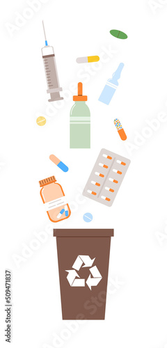 Concept of separate waste collection. Medicine material, rubbish falling in trash box. Waste bin for expired medicines. Garbage bin for drugs. Flat vector illustration on white isolated background.